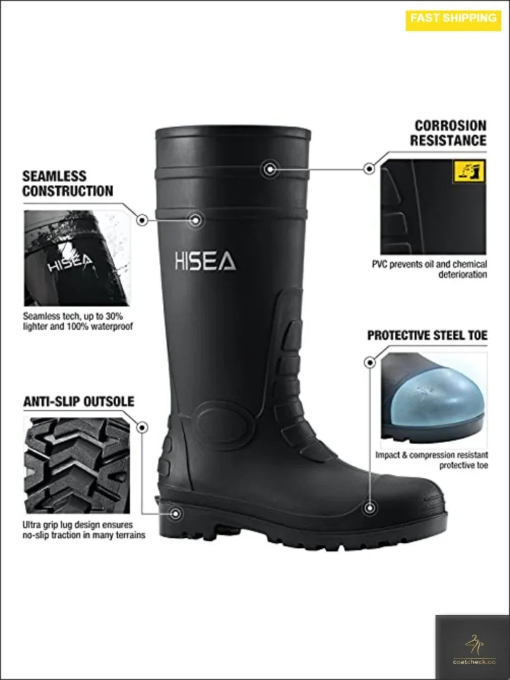 Steel-Toe Rain Boots, Waterproof PVC Rubber, Non-Slip Work Boots for Men